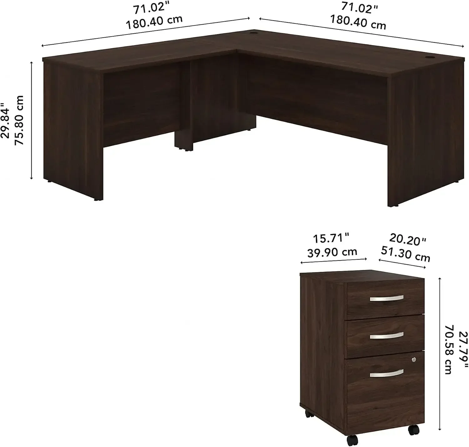 Mesa em forma de L com arquivo móvel e retorno, 72W x 30D