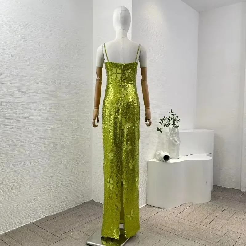 High Quality Women's Silver Butterflies Green Halter Diamond New Fashion Ladies 2024 Elegant Sequined Maxi Dresses for Party