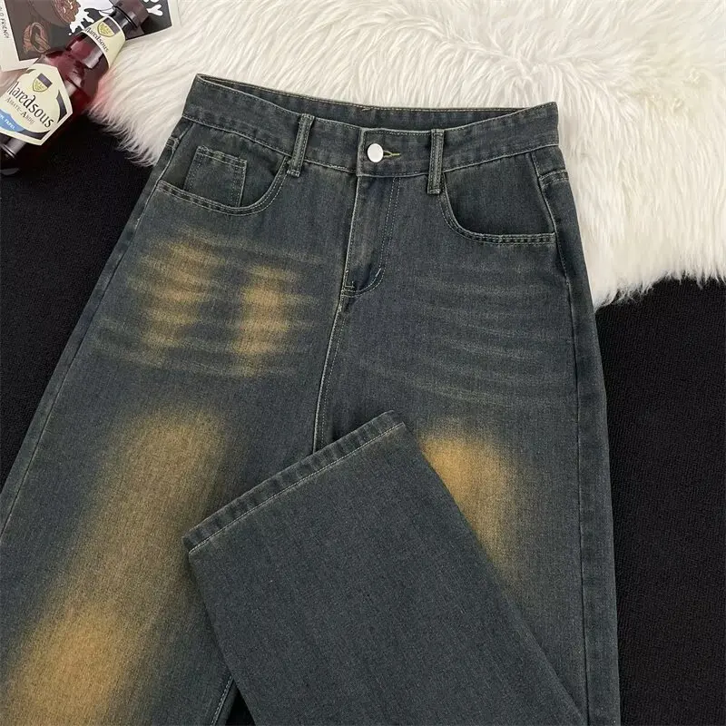 Celana Jeans Pria Vintage Gradasi High Street 2025 Musim Semi Gugur Gaya Amerika Longgar Lurus Dicuci Distressed Lebar