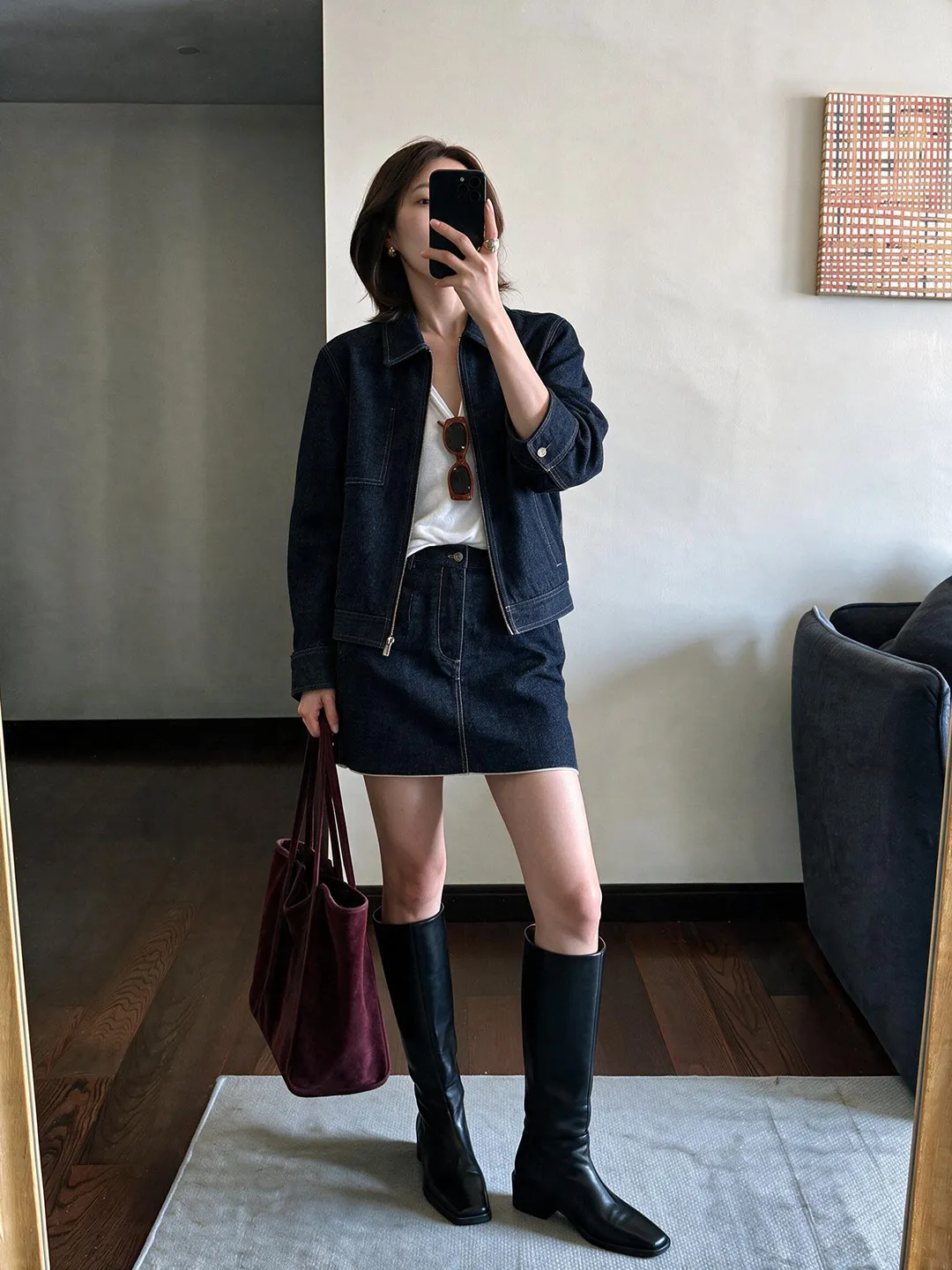 Women's Denim Jacket And Short Skirt Two-Piece Set Slimming Washed Shoulder High Waist Korean Style Casual Fashion Ensemble