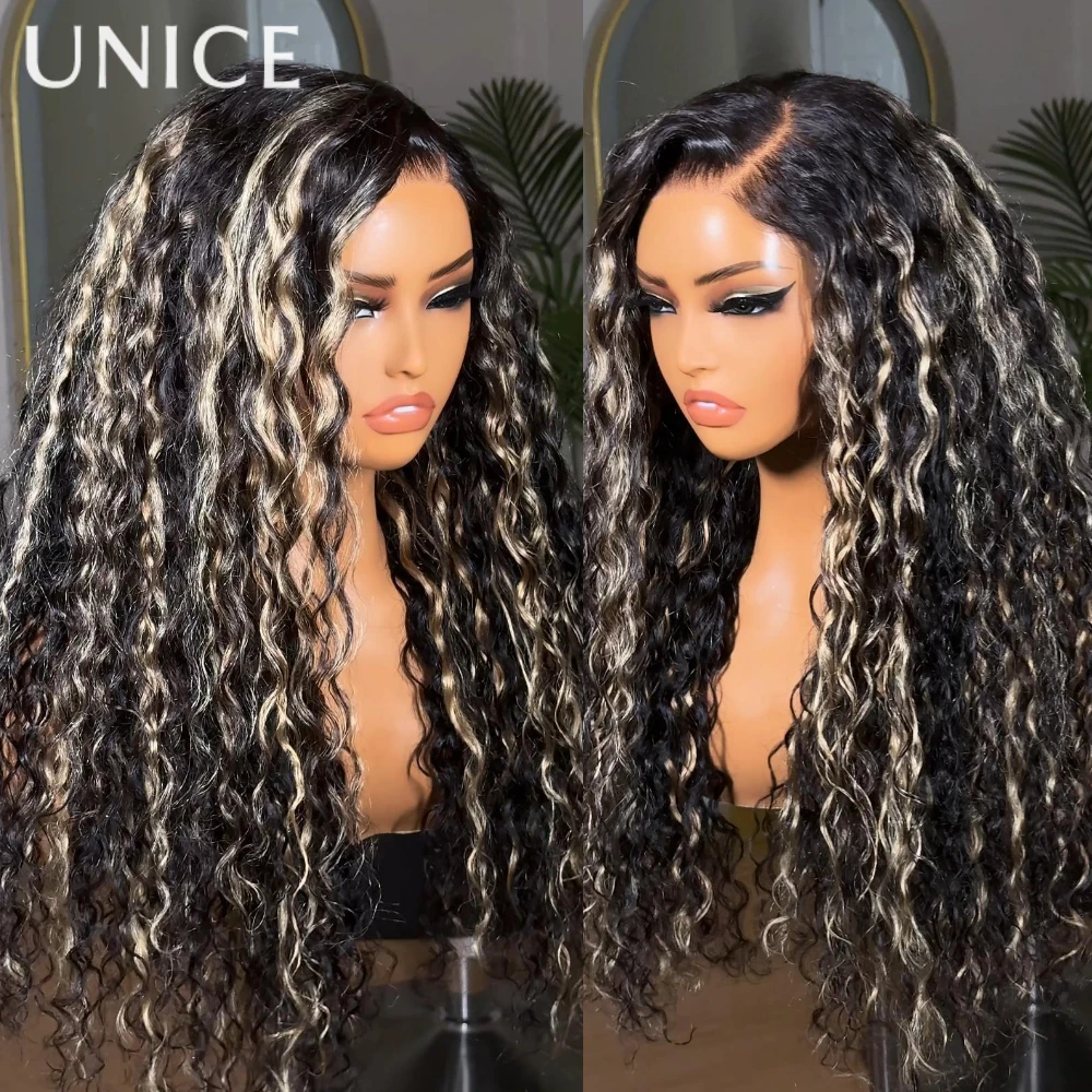 UNice أسود مع أشقر فاتح يسلط الضوء على موجة المياه مع الرباط 13x4 قبل كل شيء شعر مستعار بدون صمغ شعر بشري كثافة 150%