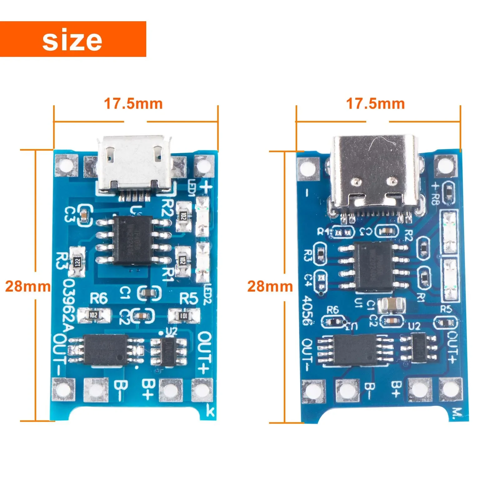 10Pcs TP4056 1A Lithium Battery Charger Protection Module Type-C Micro USB 3.7V Li-ion Charging Board For DIY