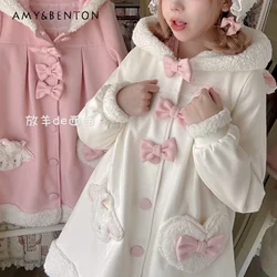 Original Kawaii Pink Wool Rabbit Ear Hooded Coat Women Sweet Cute Princess Lolita Jacket Bow Single-breasted Tutu Woolen Coat