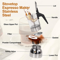 AB66-Stovetop Espresso Maker 9 Cup Glass Clear Moka Pot Stainless Steel Thickened 450Ml 15Oz Italian Coffee Machine