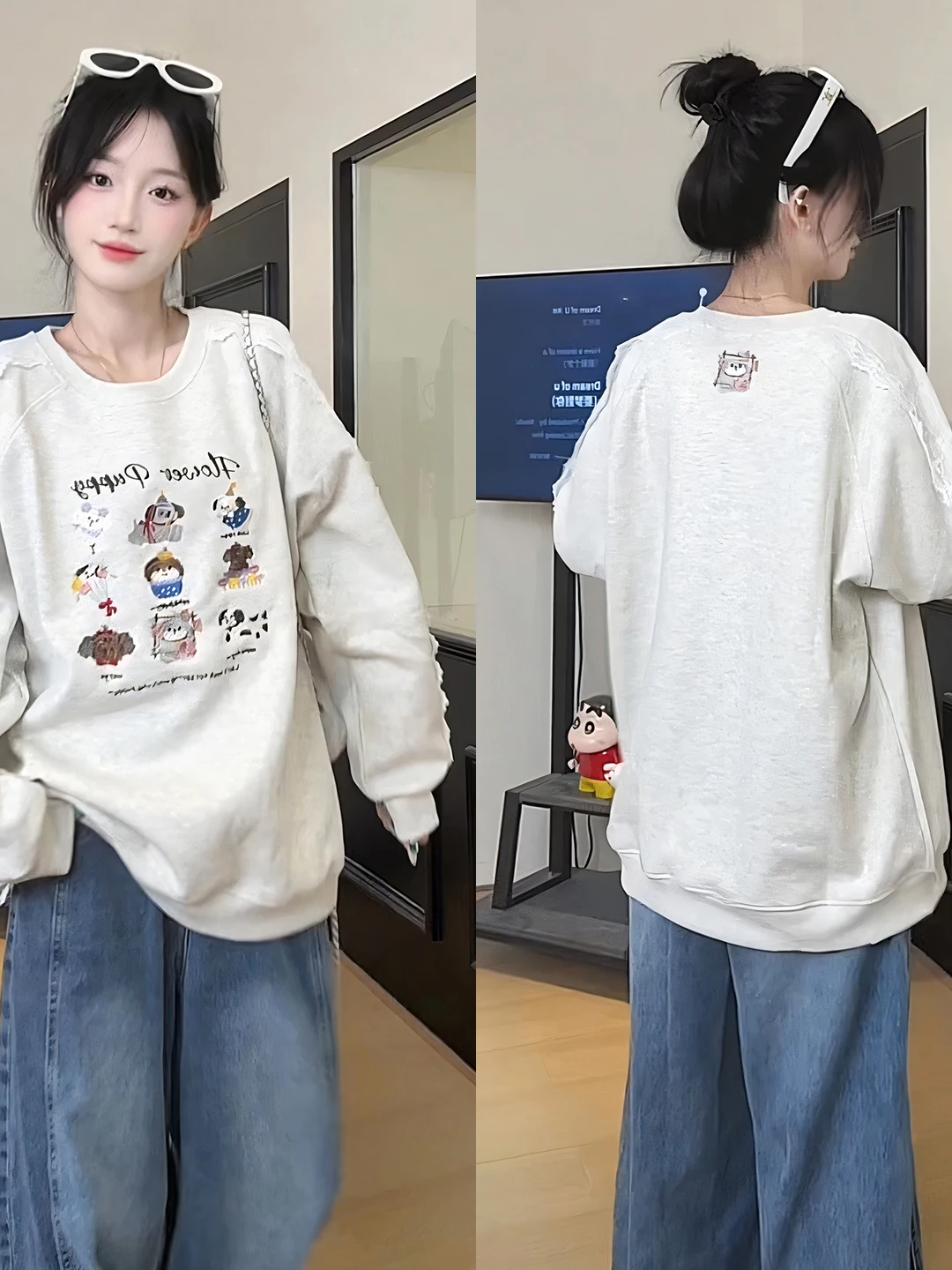 

Женская толстовка с тяжелой вышивкой, новинка 2025 года, с кружевными вставками, свободного кроя, в стиле оверсайз, с длинными рукавами, для повседневной носки