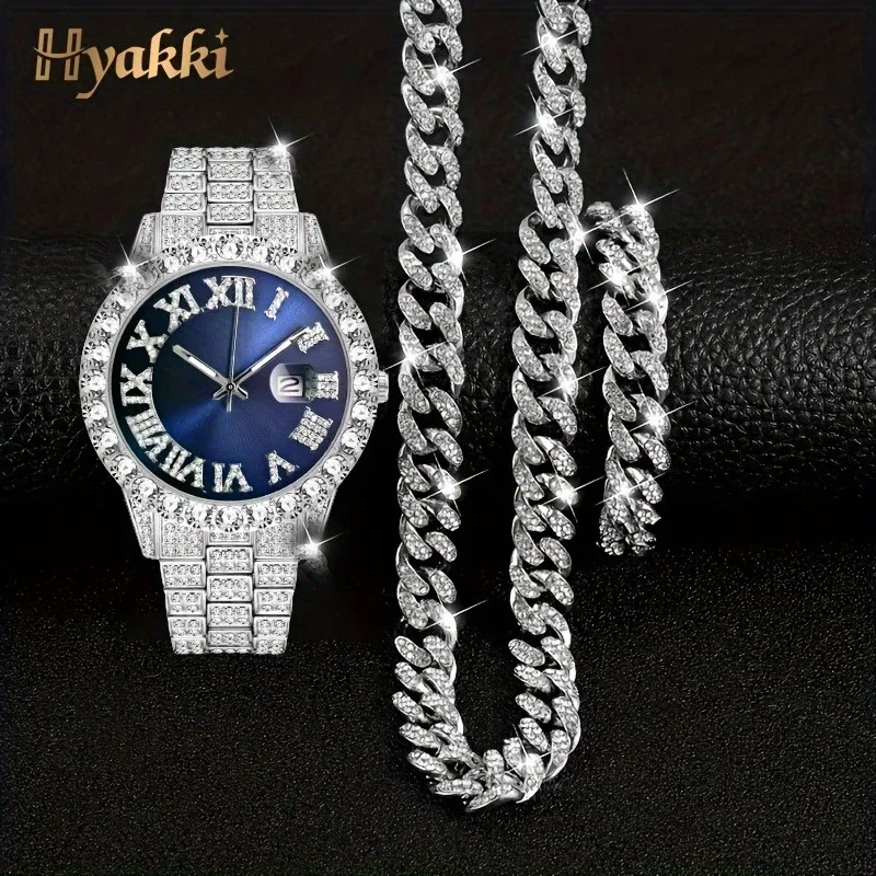 

Fashion Silver Blue Watch Set Gift Box Men's Ice Inlaid 12mm Cuban Chain Necklace Bracelet Watch Set Hip Hop Chain Ice Jewelry