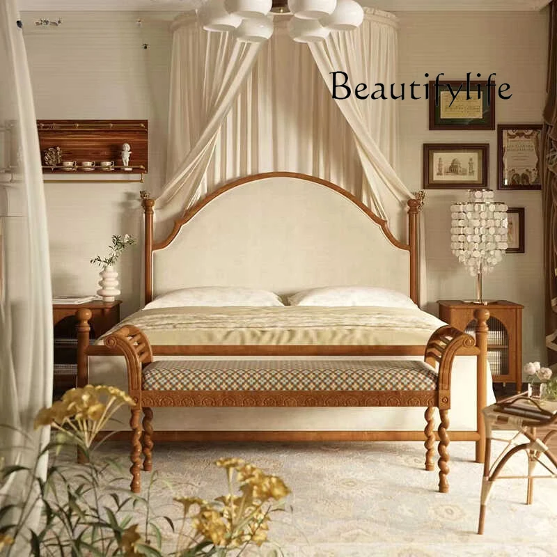 

French retro bread bridge bed solid wood fabric double bed bedroom 1.8 meters large bed pastoral high-end