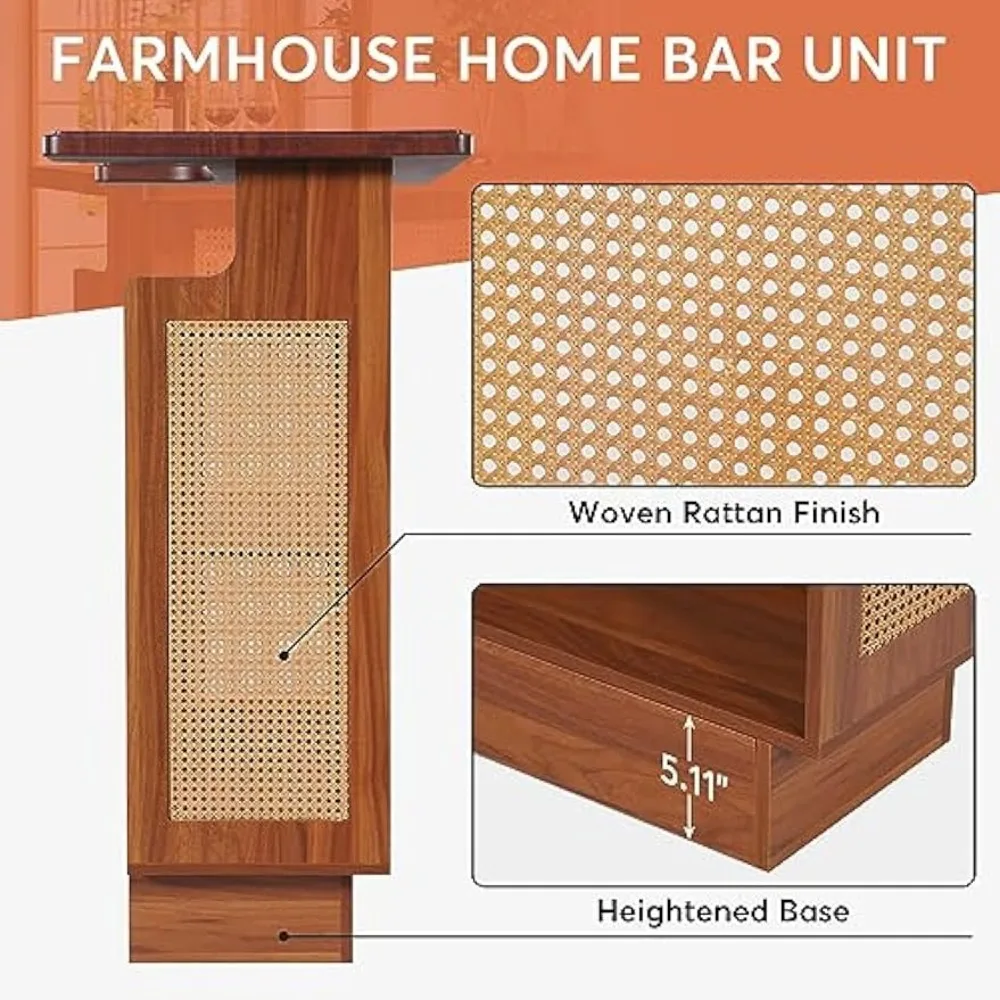 Rattan Home Bar Unit, Farmhouse 4-Tier Bar Table with 4 Stemware Racks and Heightened Base