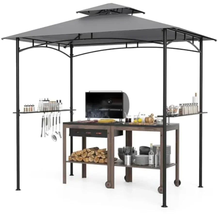 8x5 Feet Grill Gazebo 2-Tier Barbecue Gazebo with 2 Shelves 6 Hooks Metal Fe Outdoor Grill  for Backyard Garden Poolside