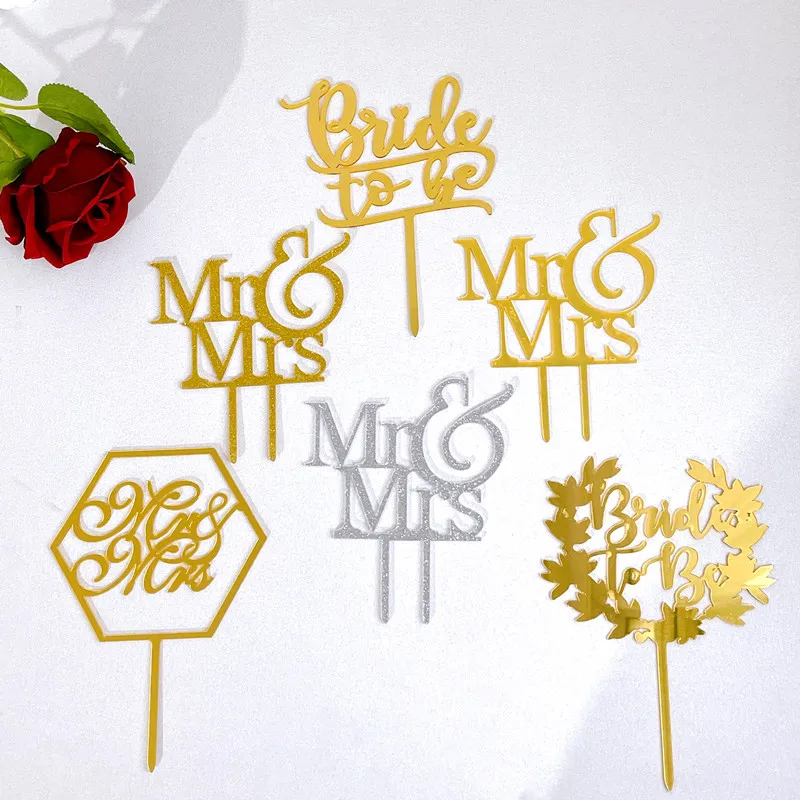 Mr Mrs Wedding Cake Topper Gold Acrylic Bride to Be Cake Topper Engagement Party Wedding Cake Decorations Mariage Party Supplies