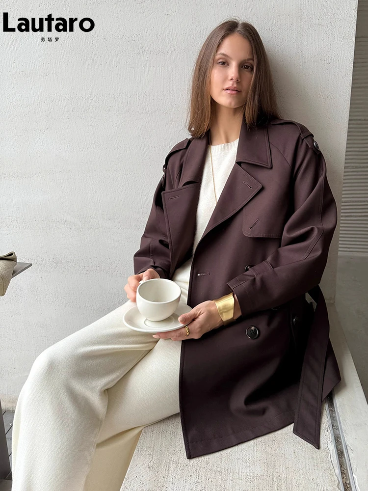 Lautaro Spring Autumn Khaki Trench Coat for Women Belt Double Breasted Elegant High Quality Luxury Designer Clothes