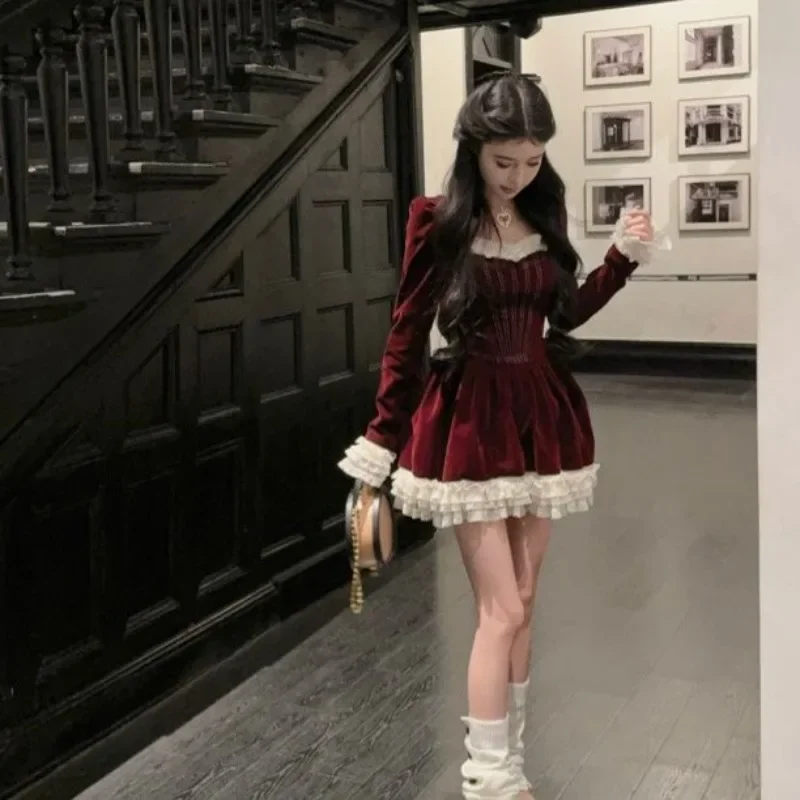 French Sweet Lace Spliced Velvet Dress Women Korean Square Neck Stripe Temperament Waist Slim Party New Year Lady Fluffy Wear