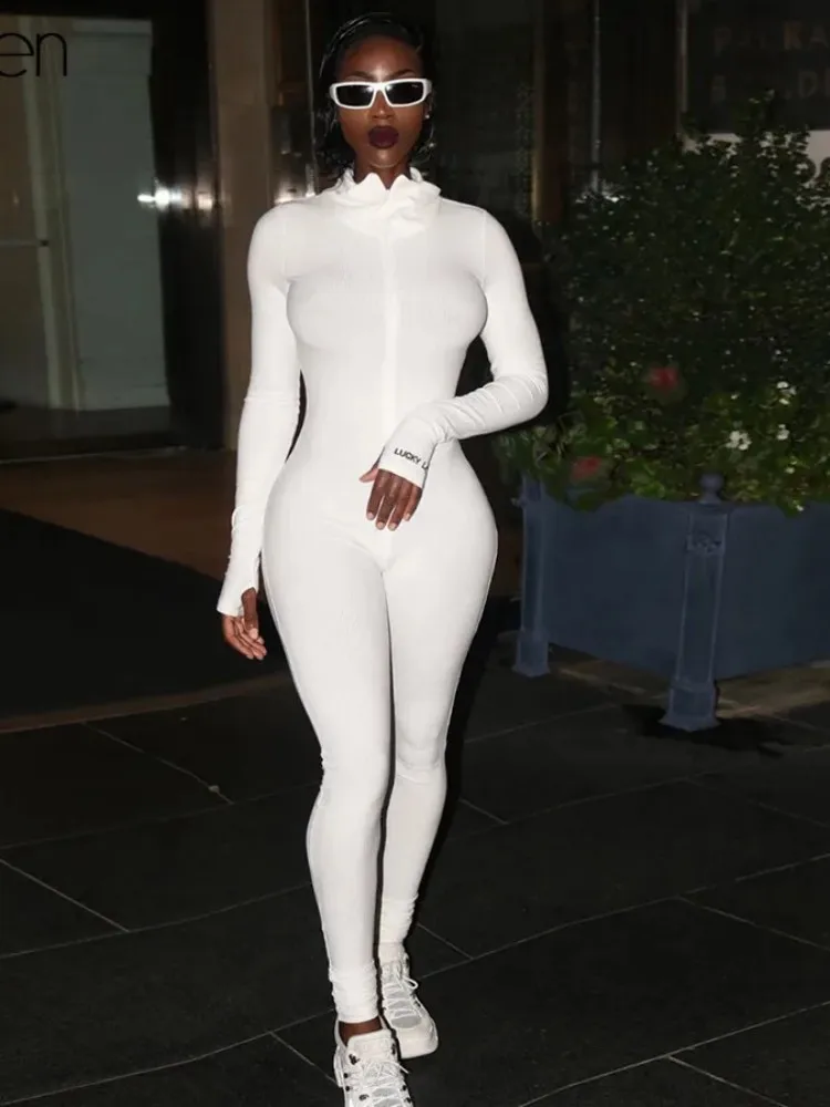 

KLALIEN осень черный, белый цвет комбинезон на молнии для женщин, свободный покрой, широкие рукава, чистый Фитнес Комбинезон с высоким воротником тонкая спортивная одежда спортивный костюм