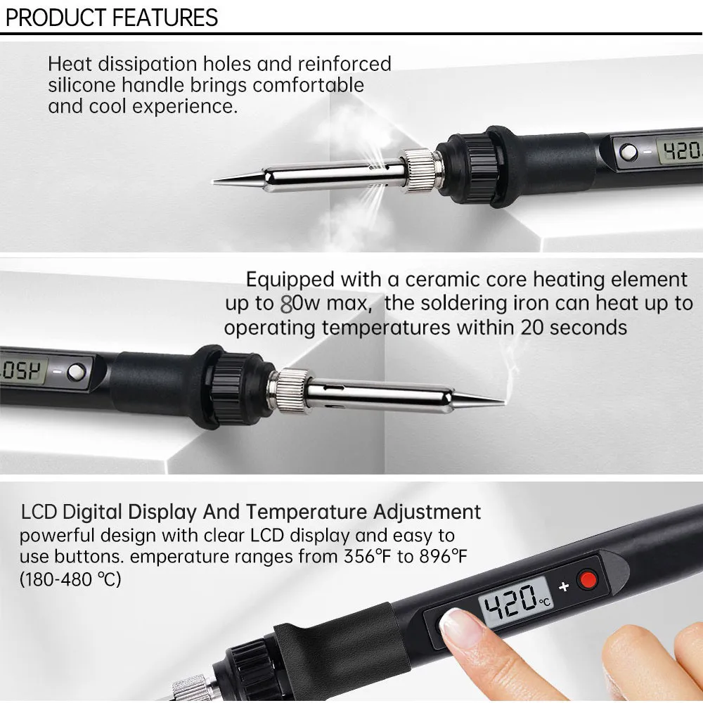 Digital Electric 80W Soldering Iron Kit 110V/220V 908S Adjustable Temperature Welding Tool Ceramic Heater Conical Tips view 4