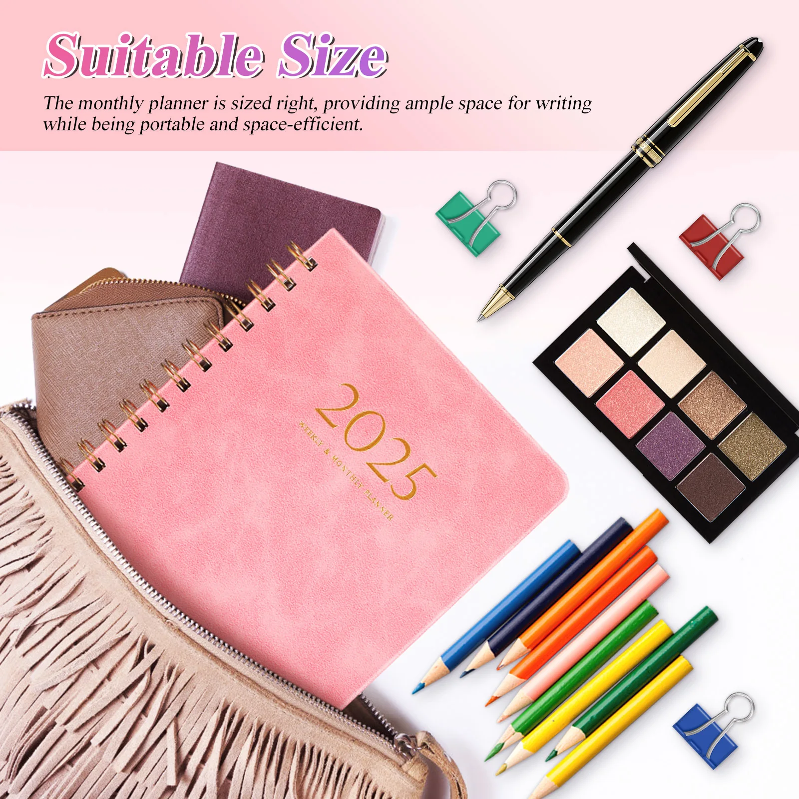 Planer miesięczny na rok 2025 z gładkiego papieru, oprawa spiralna, przenośny rozmiar, solidny planer na rok 2025, planer.