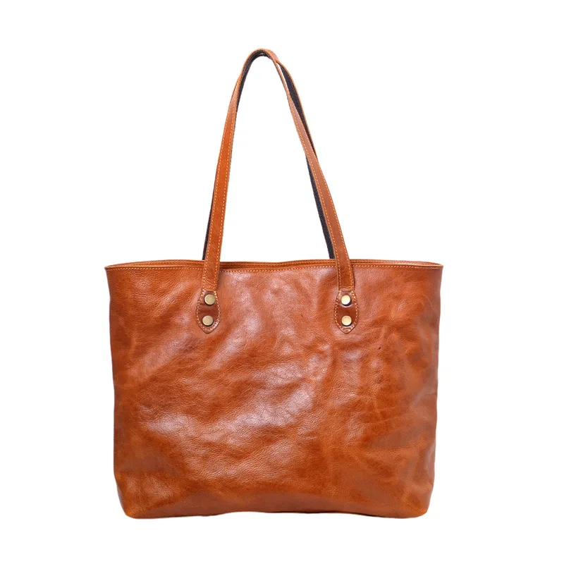 Handcrafted vegetable-tanned leather large bag Retro genuine leather tote bag Simple top-grain cowhide bag Handheld women's bag
