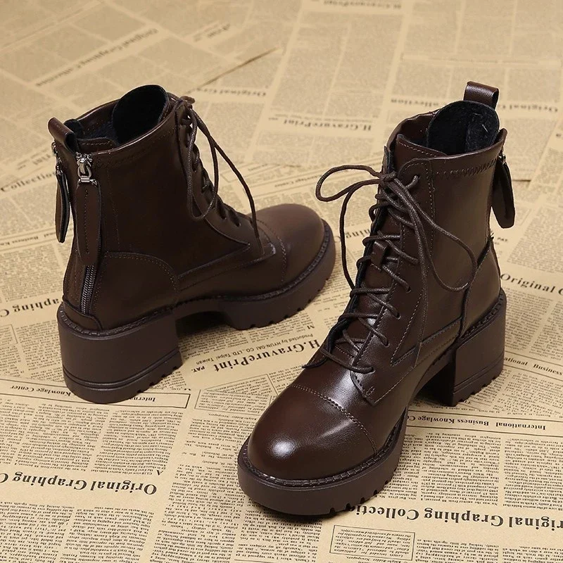 2024 New Fashion Solid Color Round Toe Lace-Up Thick Heel Women's Boots Back Zipper Fashion Boots Casual Zapatos De Mujer image 2