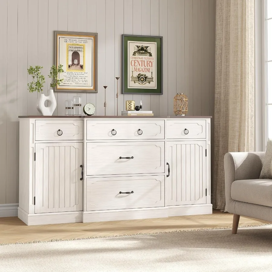 خزانة بوفيه مع مساحة تخزين مقاس 58 بوصة، بوفيه جانبي كبير مع 5 أدراج وبابين، أرفف قابلة للتعديل، قهوة خشبية للمزرعة