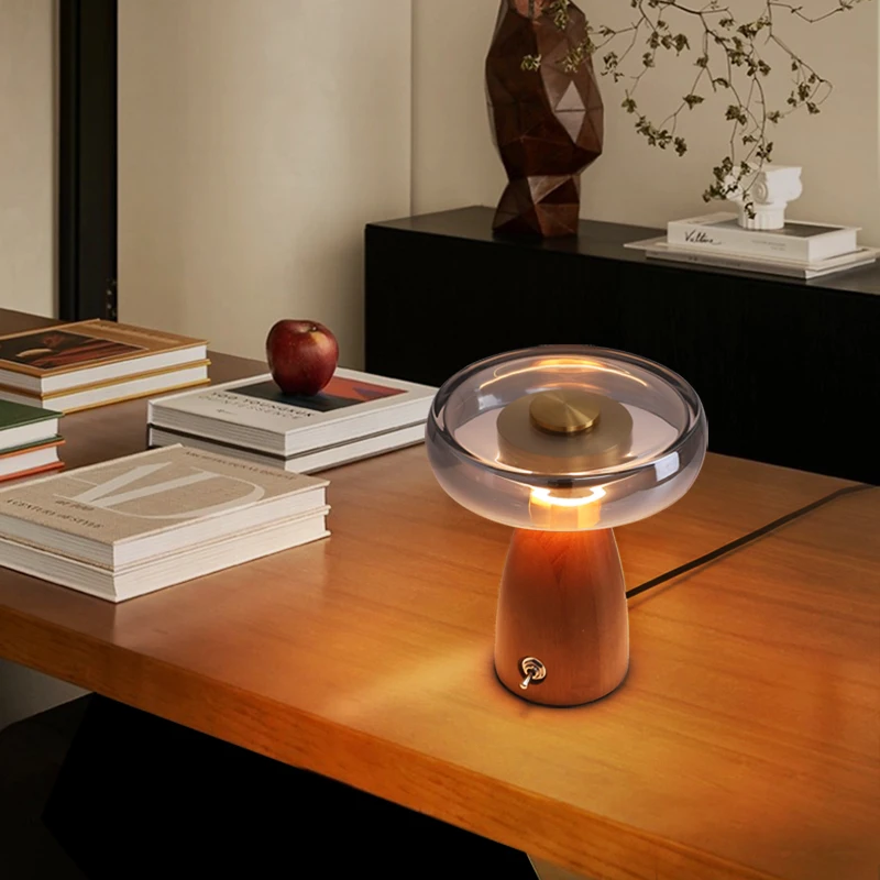 مصباح فطر برأس من الخشب الصلب، مصباح ليلي، ديكور إبداعي، مصباح مكتبي لغرفة النوم، جو منزلي بسيط