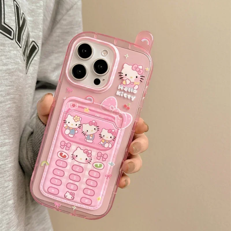 3D Cute Cartoon Sanrio Hello Kitty Card Wallet Pocket Phone Case For iPhone 15 14 13 12 11 Pro Max Clear Soft TPU Cover