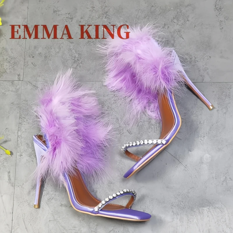 

Purple Satin Crystal Sandals Square Toe Stiletto Heel Sandals Embellished Slingback Sandals Women'S Wedding Bride Pumps Plus 43