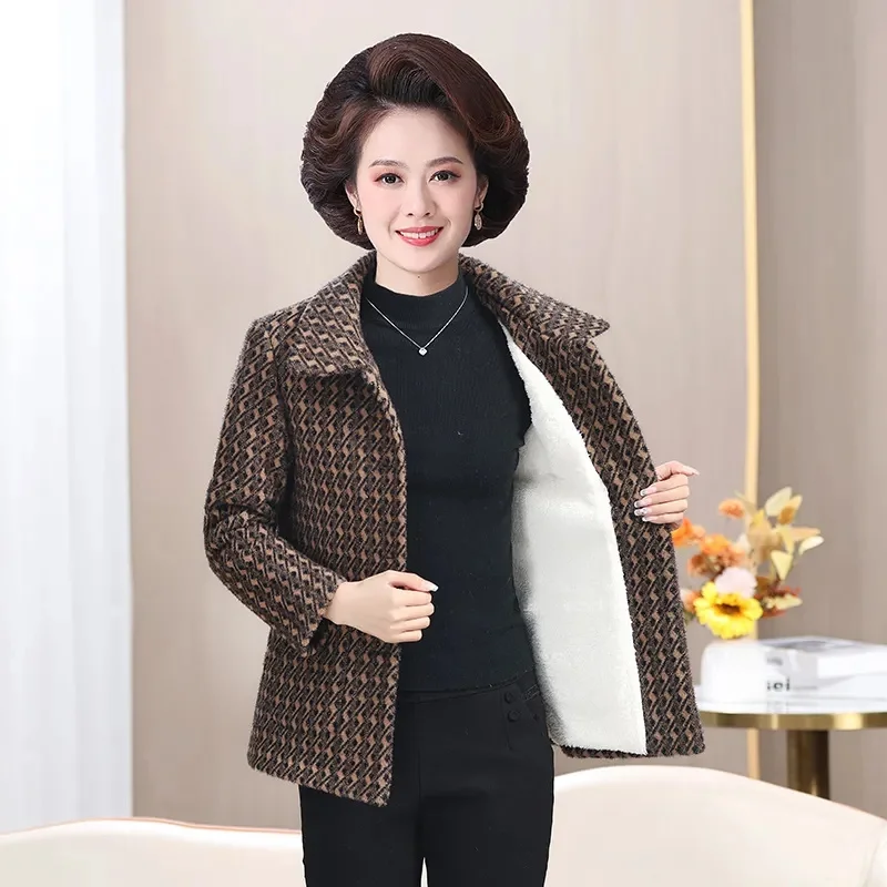 Fashion Woolen Coat 2024 Plaid Autumn And Winter New Middle-Aged And Elderly Mothers Thickened Warm And Elegant Coat Top