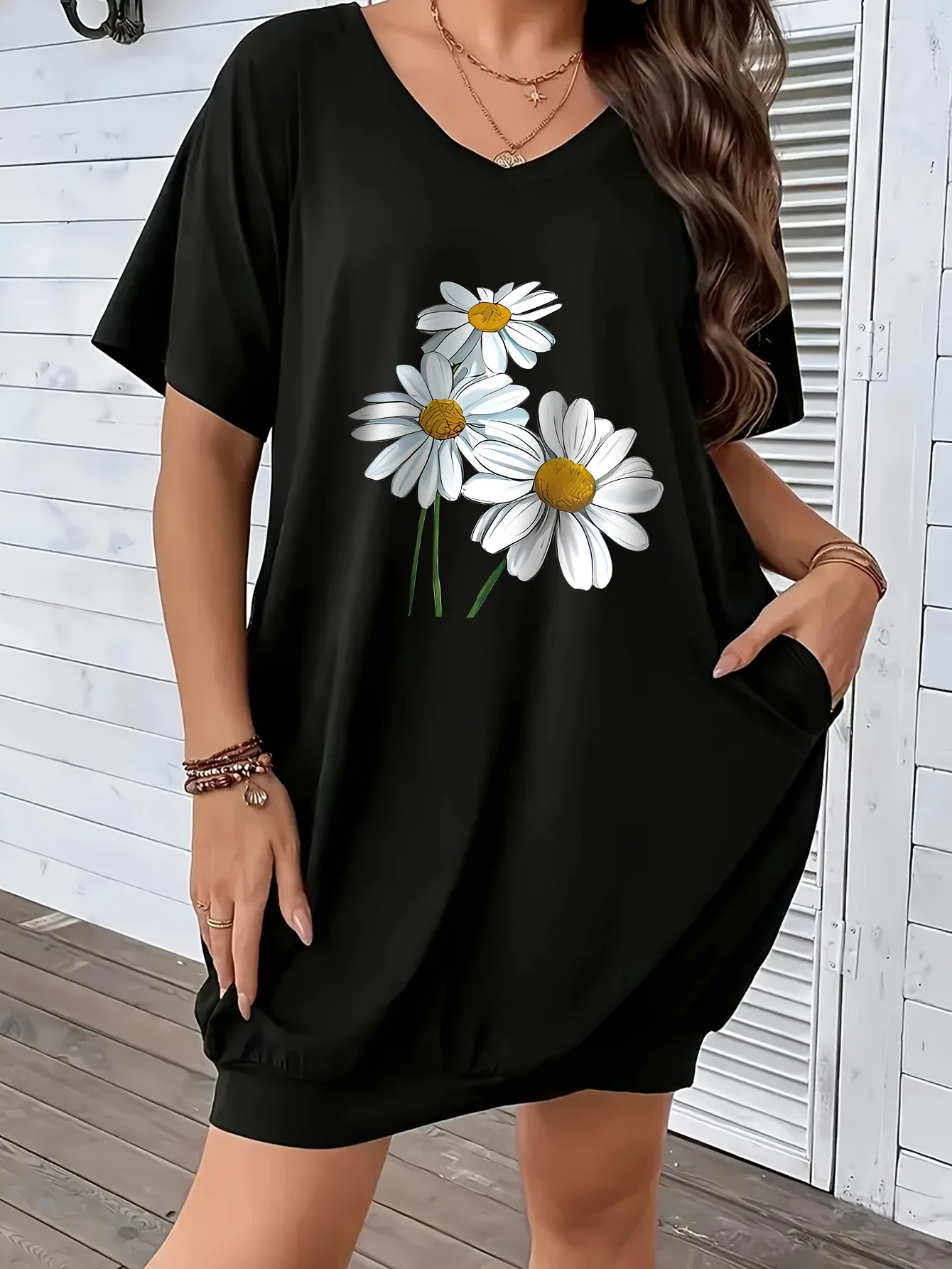 

Платье-футболка с принтом маргариток, Повседневное платье большого размера с V-образным вырезом и короткими рукавами, с карманами, подходит для весны и лета