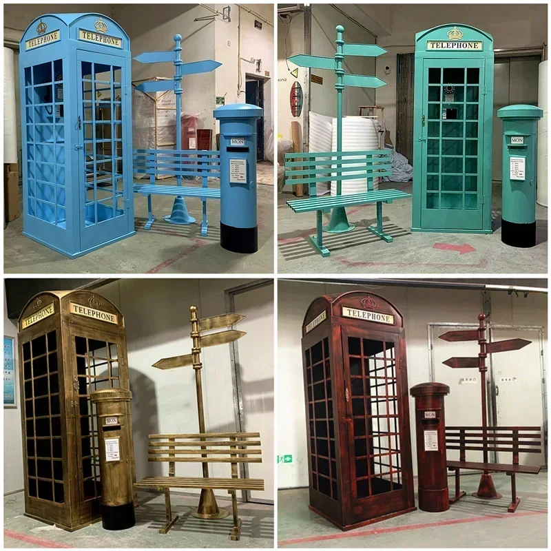 Retro Telephone Booth Post Box Decoration Iron Model Creative European Bar Activity Props Shop Show Window Decorations