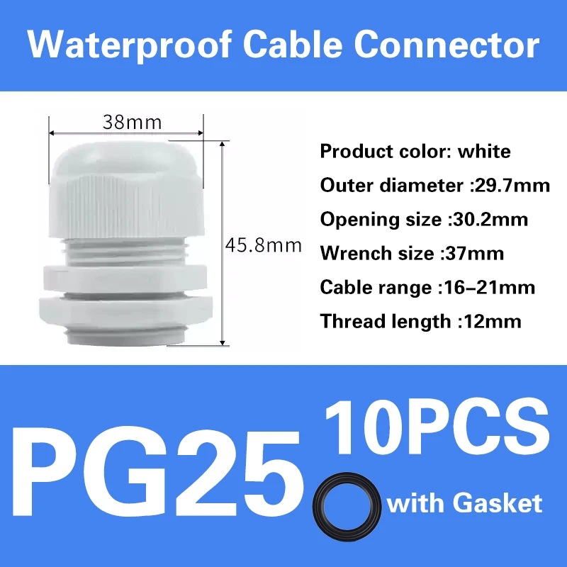 Wasserdichte Kabelverschraubung der PG-Serie, Kabeleinführung, IP68, weiß, schwarz, Nylon-Kunststoff-Stecker, PG7/9/11/16, PG19/21/36/63, PG21/24/25/29