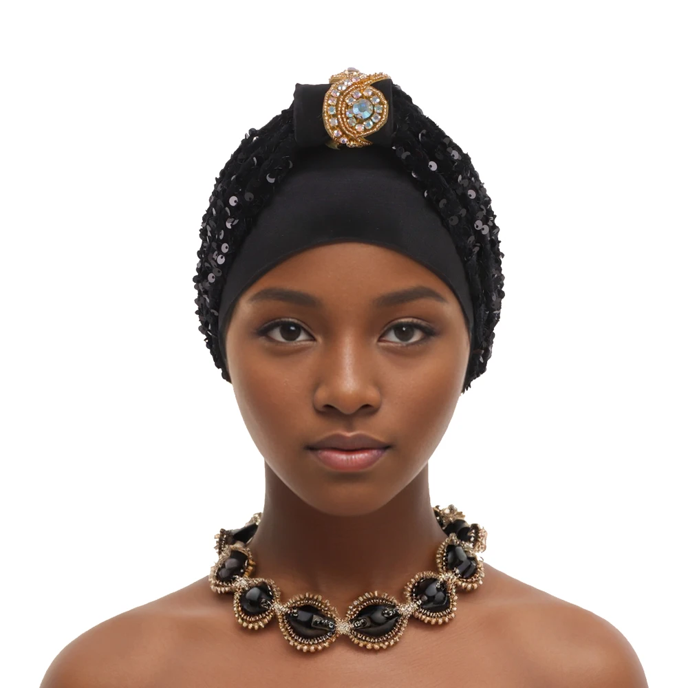 Sequins Turban Cap for Women Afrcian Lady Head Wraps Muslim Turbans Hat Nigeria Headwear Headtie Turbante Mujer