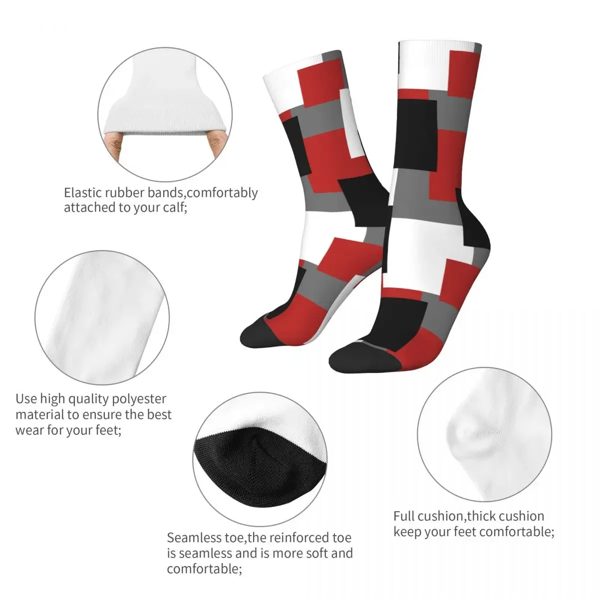 Funny Geometry Black White Red Basketball Socks Squares Geometric Art 3D Printing Crew Socks for Women Men Breathable