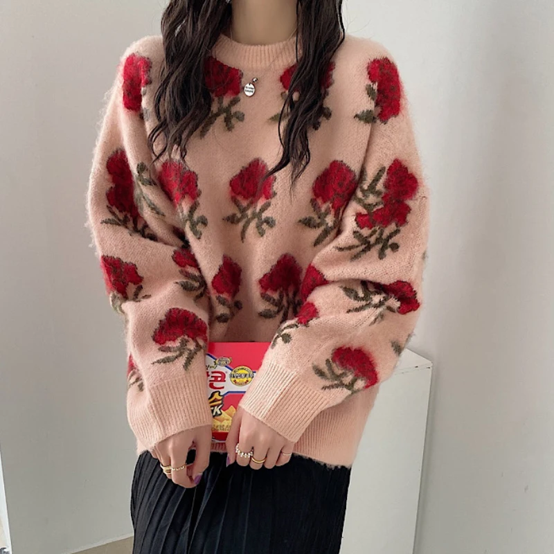 ZOKI Designed Women Jumper Elegant Korean Women Rose Embroidery Sweater Pullover Winter Thick Ladies Casual Tops New 2023