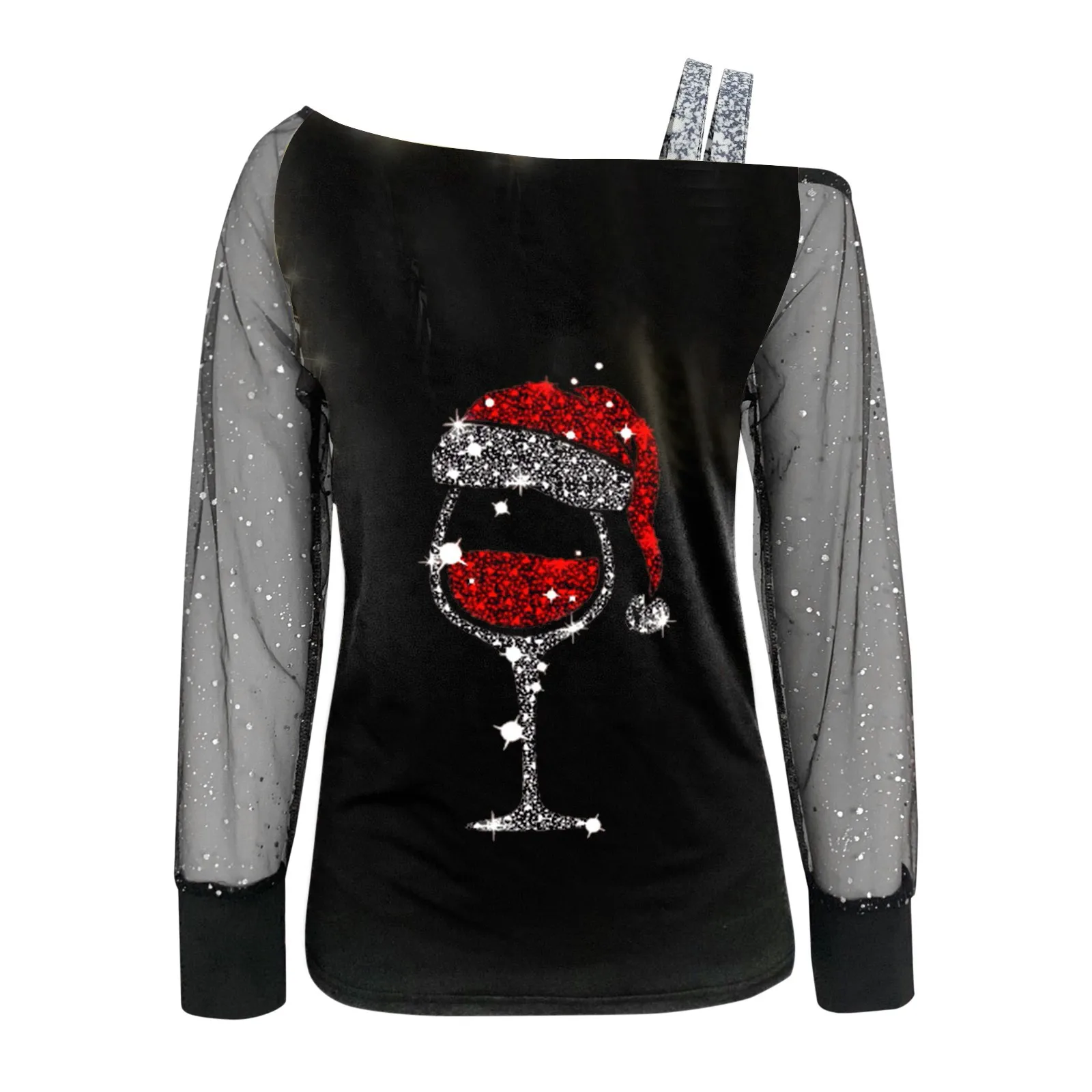 Off Shoulder Women\'s Shiny T Shirt Long Sleeve Christmas Clothes Wine Glass Print Mesh Splicing T Shirt Tops For Sexy Women