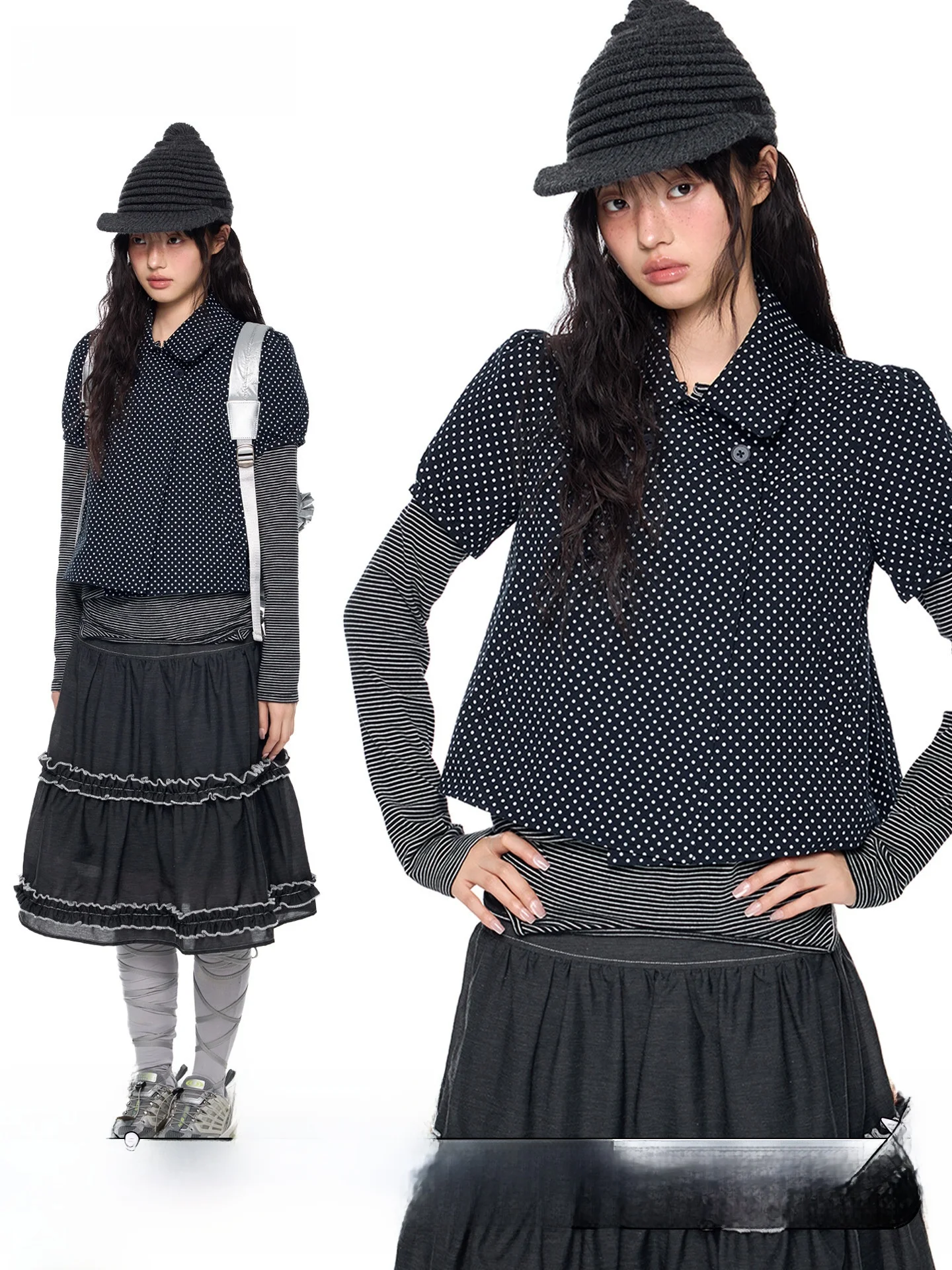 

Рубашка EZEK в горошек и клетку с рукавами-фонариками, повседневная, хлопковая, с коротким рукавом, женская, летняя, новый стиль, винтажная, в клетку, с отложным воротником