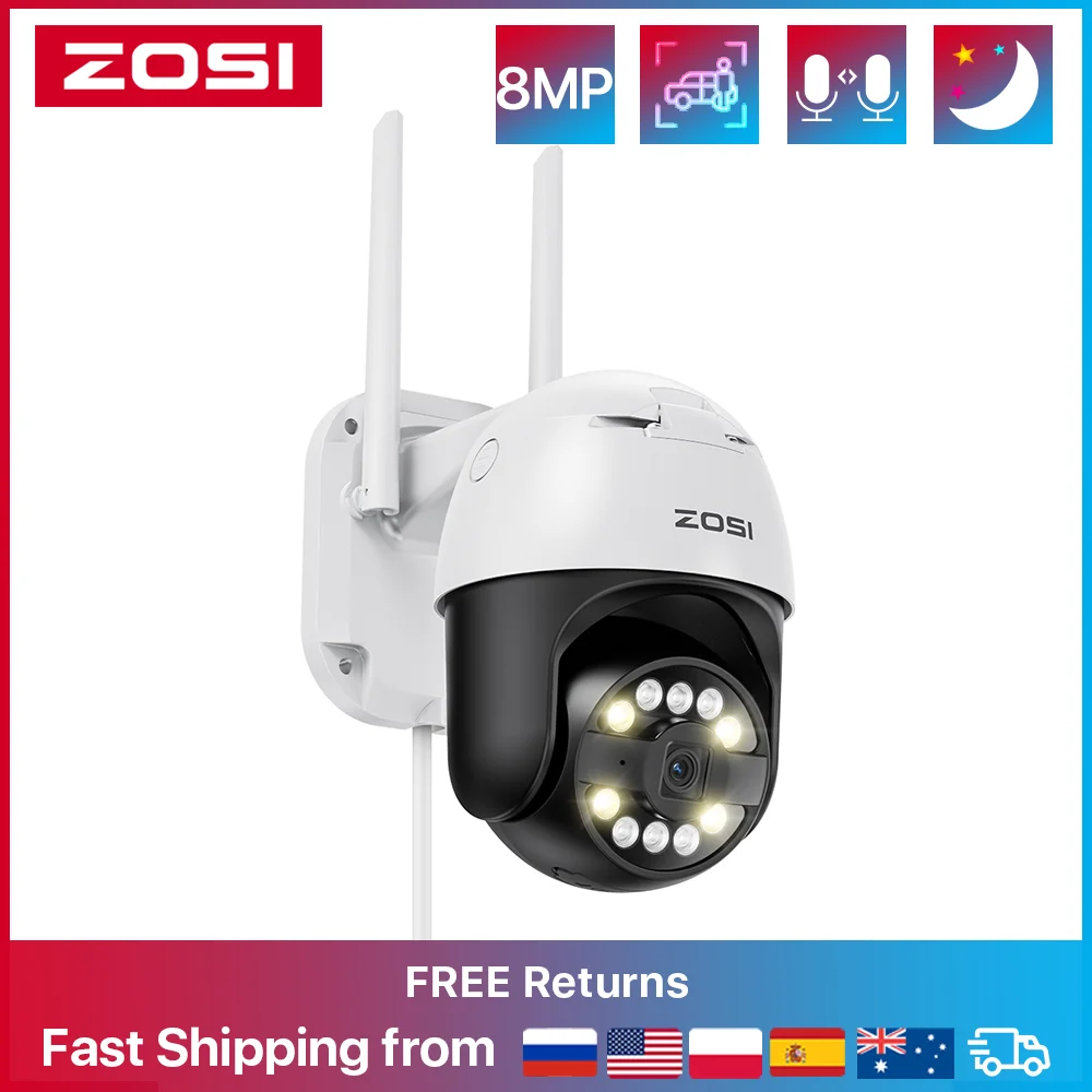 

ZOSI 4K 8MP Smart Wifi PTZ-камера 5-кратный зум AI Человек Автомобиль Обнаружение пакета для домашних животных Беспроводная IP-камера видеонаблюдения Защита дома