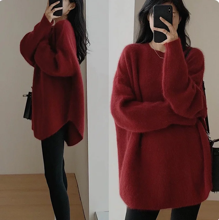 Autumn Winter Korean-Style Women's Pullover Sweater Medium-Length Long Sleeve Knitted Top Thickened Outerwear Casual Stylish Loo