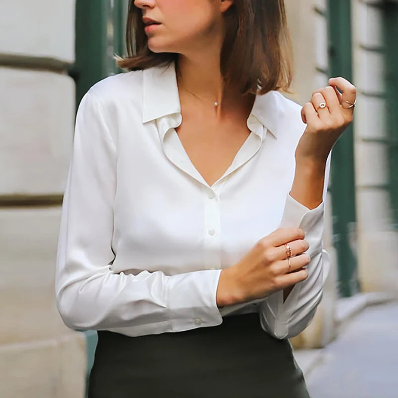 Elegant Black White Shirt Women Spring Autumn Long Sleeve Silk Satin Blouses For Women Fashion Turn Down Collar Button Shirt