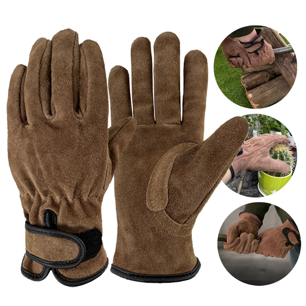 Guantes protectores de piel de vaca para exteriores, antideslizantes, ignífugos, guantes de protección laboral para acampar, soldar, jardinería, levantamiento pesado