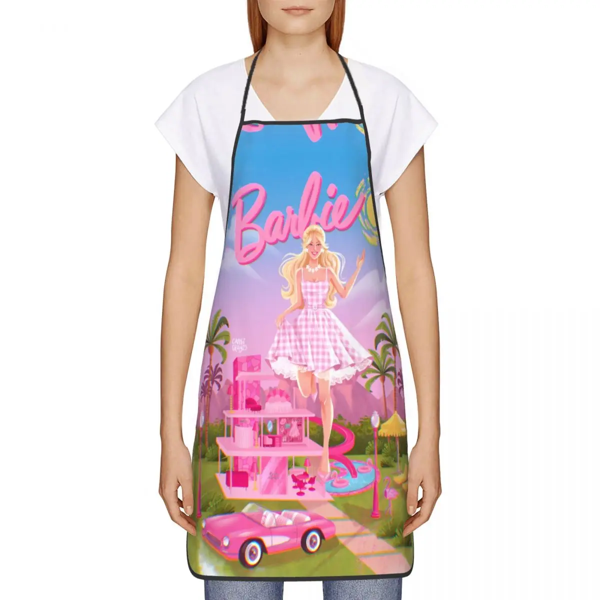 Custom Unisex Barbie Pink Girl Bib Apron Adult Women Men Chef Tablier Cuisine for Cooking Kitchen Painting