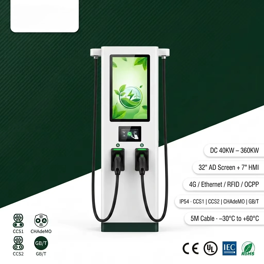 60KW 120KW 320KW DC EV Charging Pile 32in AD Display Double  CCS1 CCS2 CHADEMO GBT OCPP 1.6J 4G RFID IP54 Charging Station
