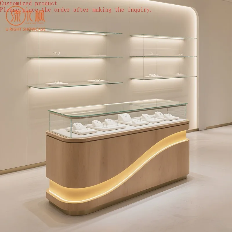 

Custom.Customizable Oak Wood Jewelry Display Cabinet | Wave LED Lighting & Tempered Glass Showcase for Brand Jewelry Stores