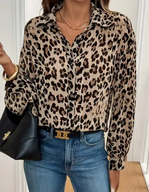 秋の新作 ラペル レオパード柄 スリムフィット 長袖シャツ レディース、ファッショナブルでトレンディな通勤スタイル 長袖シャツ