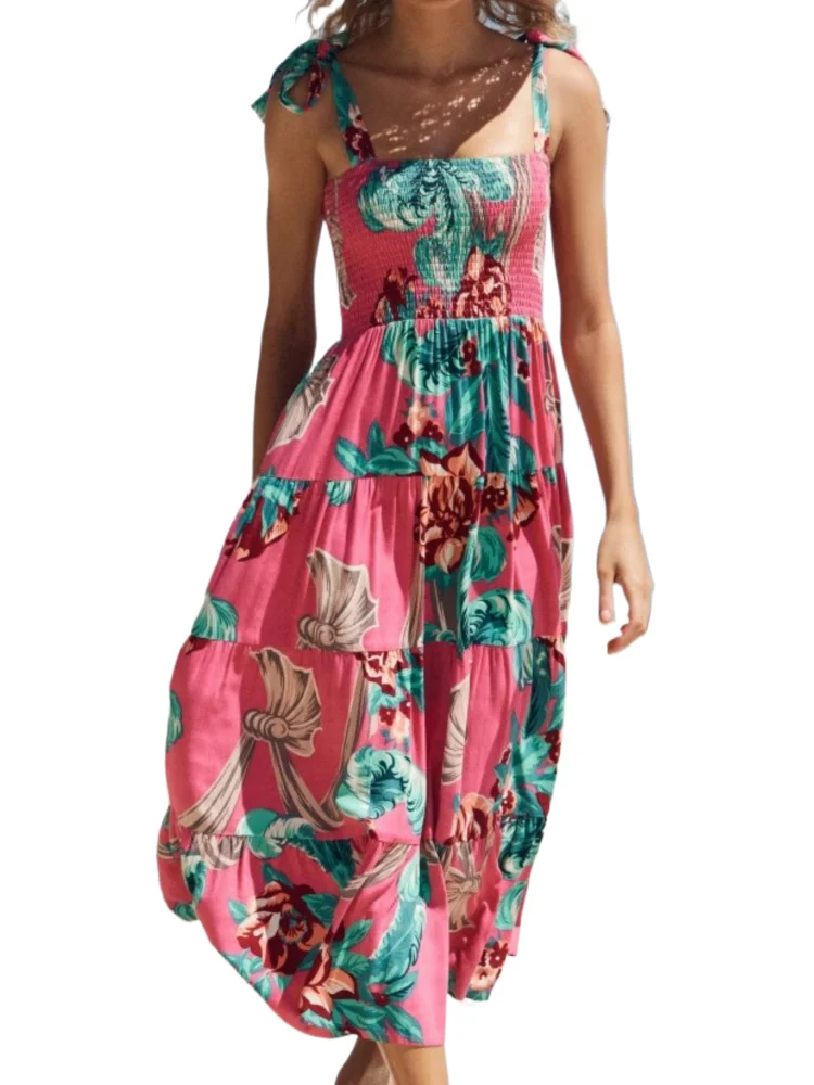 

Fashion Floral Print Dress For Women Casual Spaghetti Strap High Waist Loose Dresses Lady Holiday Beach Party Skirt Clothes New