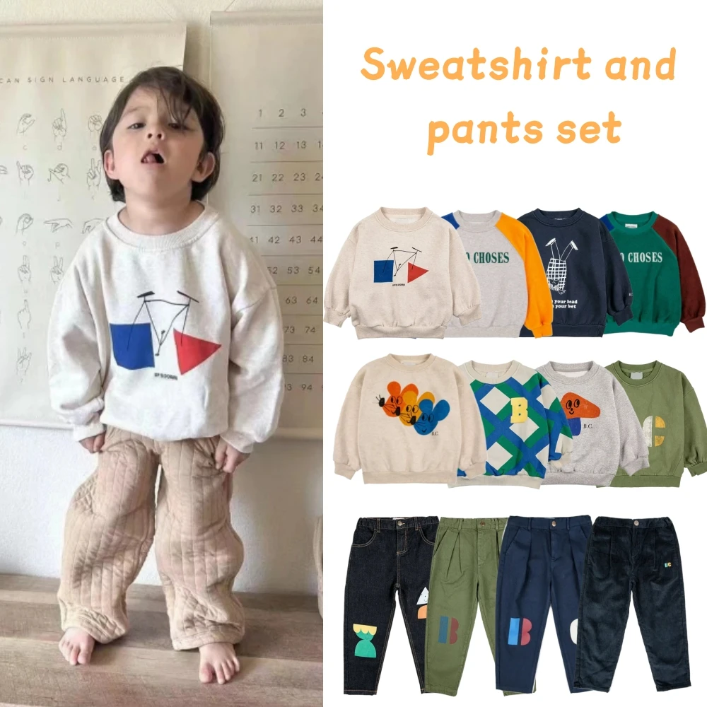 

In Stock! Children's Coat INS Korean Style Autumn/Winter Boys and Girls Thickened Cotton Letter Cartoon Sweater Jeans Pants Set