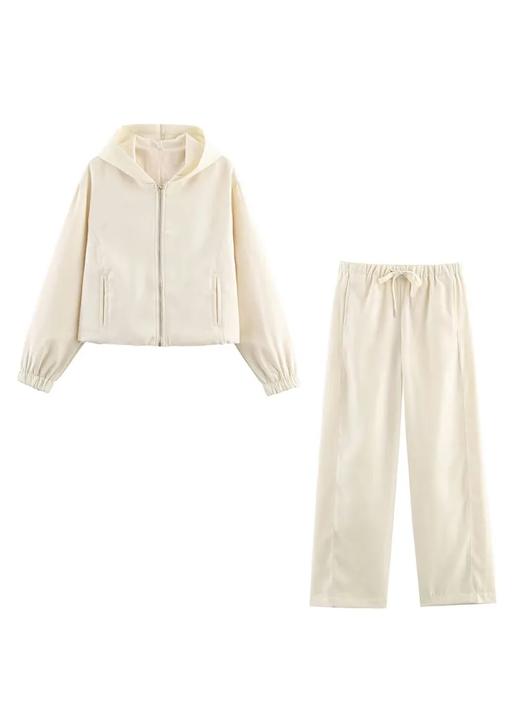 HH Frauen Mode Hosen Anzug Solide Lange Ärmel Tasche Mit Kapuze Zipper Kurze Jacke + Casual Lose Kordelzug Straße Breite bein Hosen