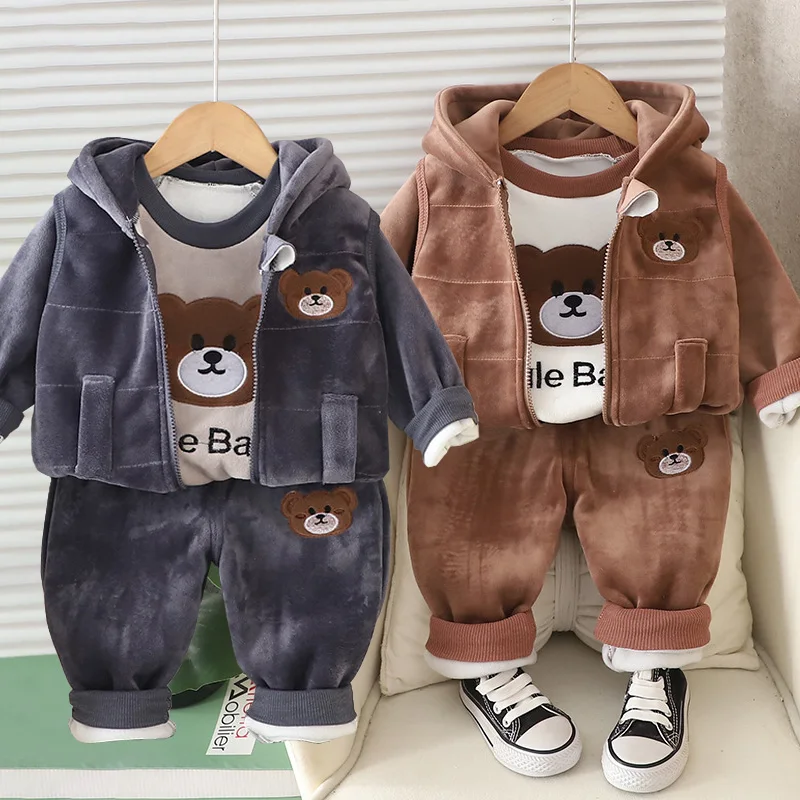 New Baby Boys Clothes Set Autumn Winter Thick Velvet Cartoon Bear Hooded Coat Sweater Pants 3Pc for 1-4 Years Kids Sprot Outfits