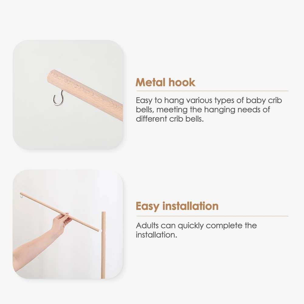 나무 침대 벨 브래킷 0-12개월 침대 벨 브래킷 사각형 나무 모빌 신생아 크로셰 침대 벨 장난감 아기 딸랑이 장난감