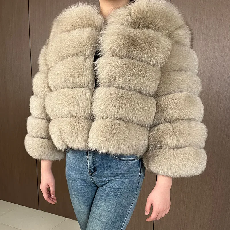 Manteau en fourrure de renard naturel pour femme, manches longues, beige, véritable, chaud, luxe, hiver, veste avec poignées amovibles, vêtements de combinaison en fourrure, 2024