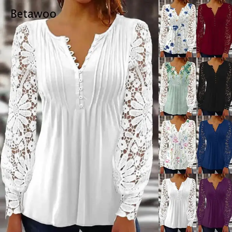Women Notch V Neck Button Detail Lace Long Sleeve Blouse Pleated Peplum Casual Daily Lifestyle Tops for Dating Street Occasions