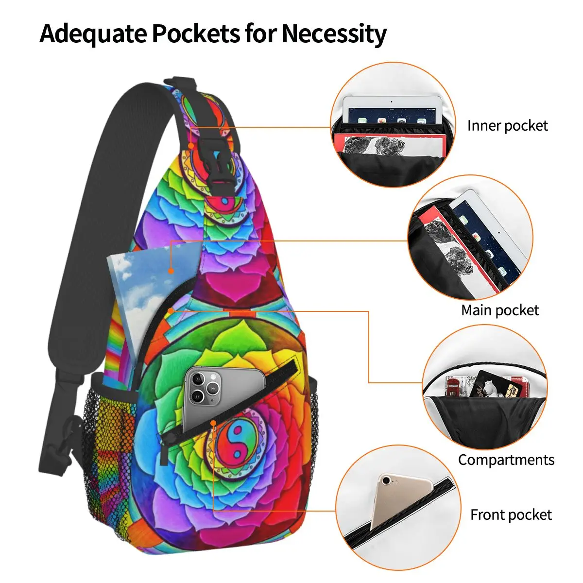 Healing Lotus Rainbow Yin Yang Psychedelic Mandal Chest Bag Men Sling Crossbody Backpack Chest Bag Hiking Daypack Shoulder Bag